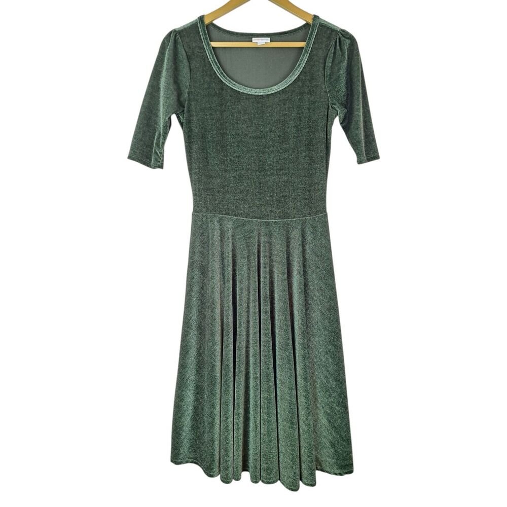 Lularoe Nicole Dress Velvet Green Solid Print Pull On Size S Stretch